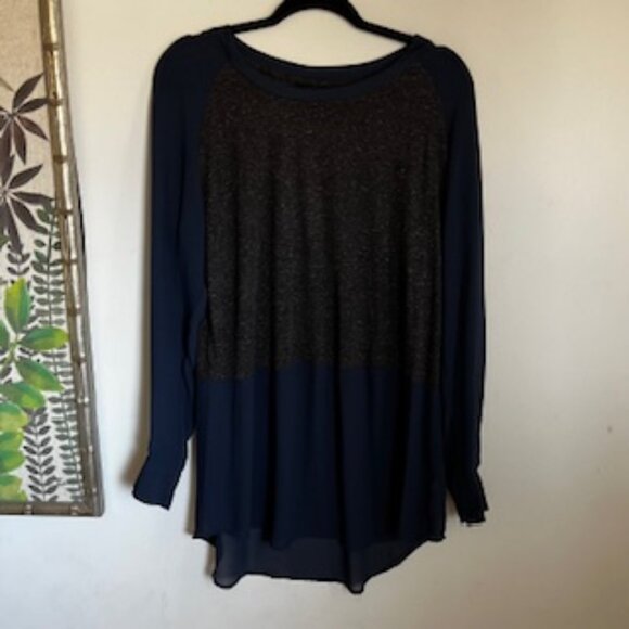 🧡 3/15 Mossimo Linen Blend Semi Sheer Gray Navy Long Sleeve Top Women's L/G - Picture 2 of 12